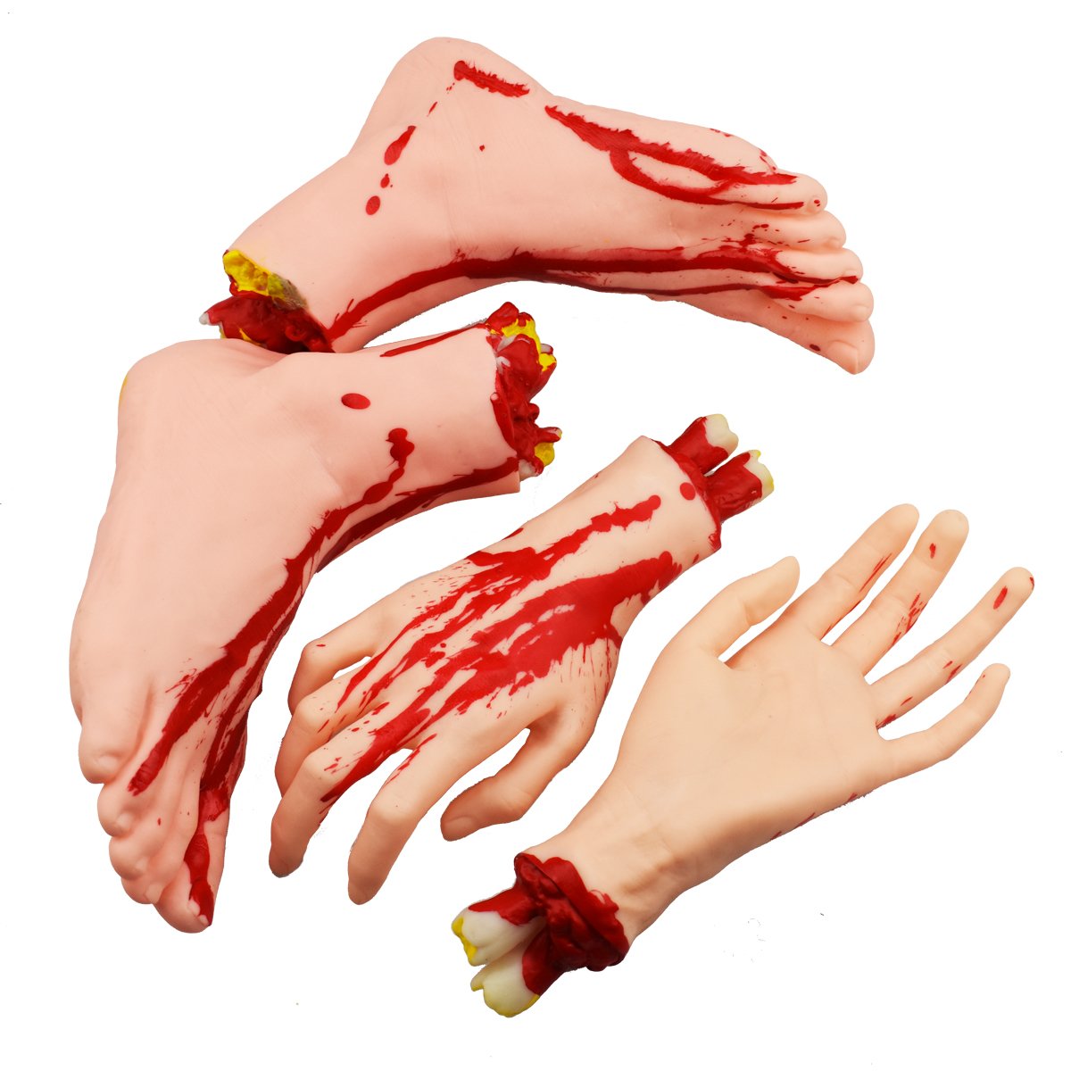 XONOR Halloween Severed Hands Feet Set Scary Bloody Broken Body Parts Halloween Props Decorations, 4 Pieces(Feet & Hands) (Skin Color)