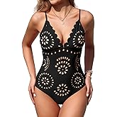 Upopby Women's Sexy One Piece Swimsuit for Women Cheeky Slimming Bathing Suits Scalloped Hollow Out V Neck Monokini Swimwear