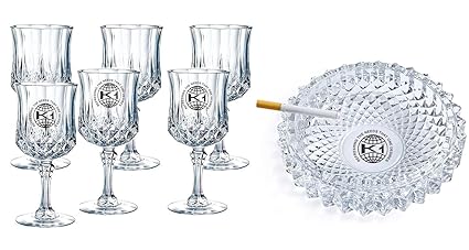 King International 100% Crystal Clear Round Wine Glasses | Set of 6 Pieces with Glass Ash Tray Set of 1 Piece | Whiskey, Beverage, Beer Glasses |