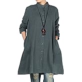 Minibee Women's Oversized Button Down Shirts Long Sleeve Cotton Linen Light Blouse Jacket with Pockets
