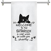 GOOZHO Funny Black Cat Bathroom Hand Towels, Cats Lover Dad Mom Gifts, Welcome to The Bathroom a Cat Will Be with Decorative Hand Towels for Bath Room Washroom Toilet Restroom, 16x24 Inches