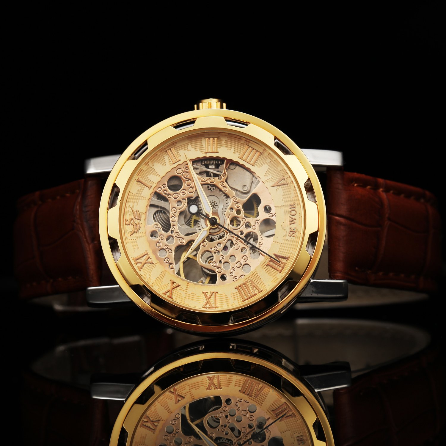 Sewor Men\'s Teampunk Trasparent Skeleton Analog Leather Mechanical Wrist Watch (Gold)