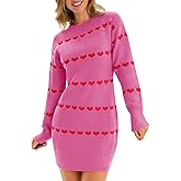 Wenrine Womens Long Sleeve Sweater Dress Fall Knit Heart Crewneck Cute Valentines Bodycon Mini Dresses