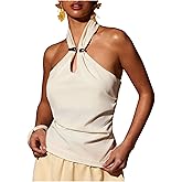 MakeMeChic Women's Open Back Halter Tops Metal Decor Shirred Sleeveless Going Out Tank Top