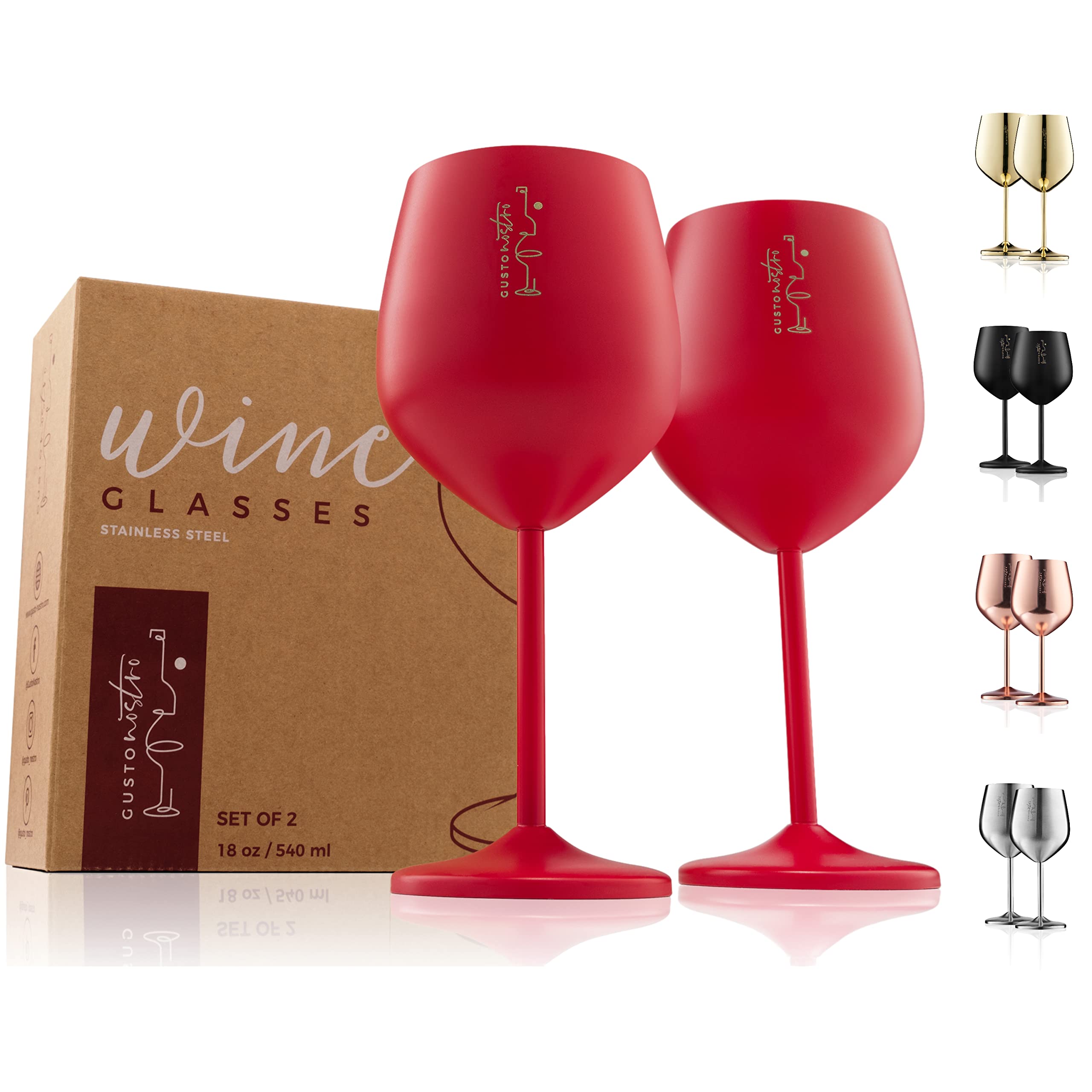 Gusto Nostro Stemmed Stainless Steel Wine Glasses – 18 oz Unbreakable Goblets for Outdoor Pool Party, Anniversary and Wedding Toasting – Elegant Red
