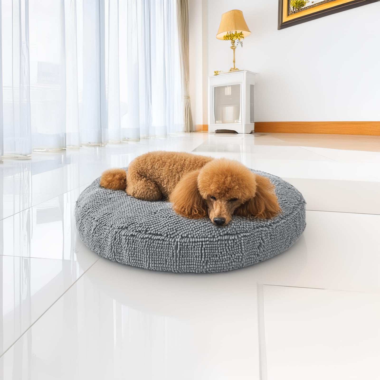 Photo 1 of (USED/FAIR) (LARGE) Muddy Mat®Cloud K-9 Bed for Dogs & Cats, Soft & Relaxing Round Dog Bed, Chenille Material, Removable Cover, Washable & Dryer Safe–Grey Medium(35'x35')