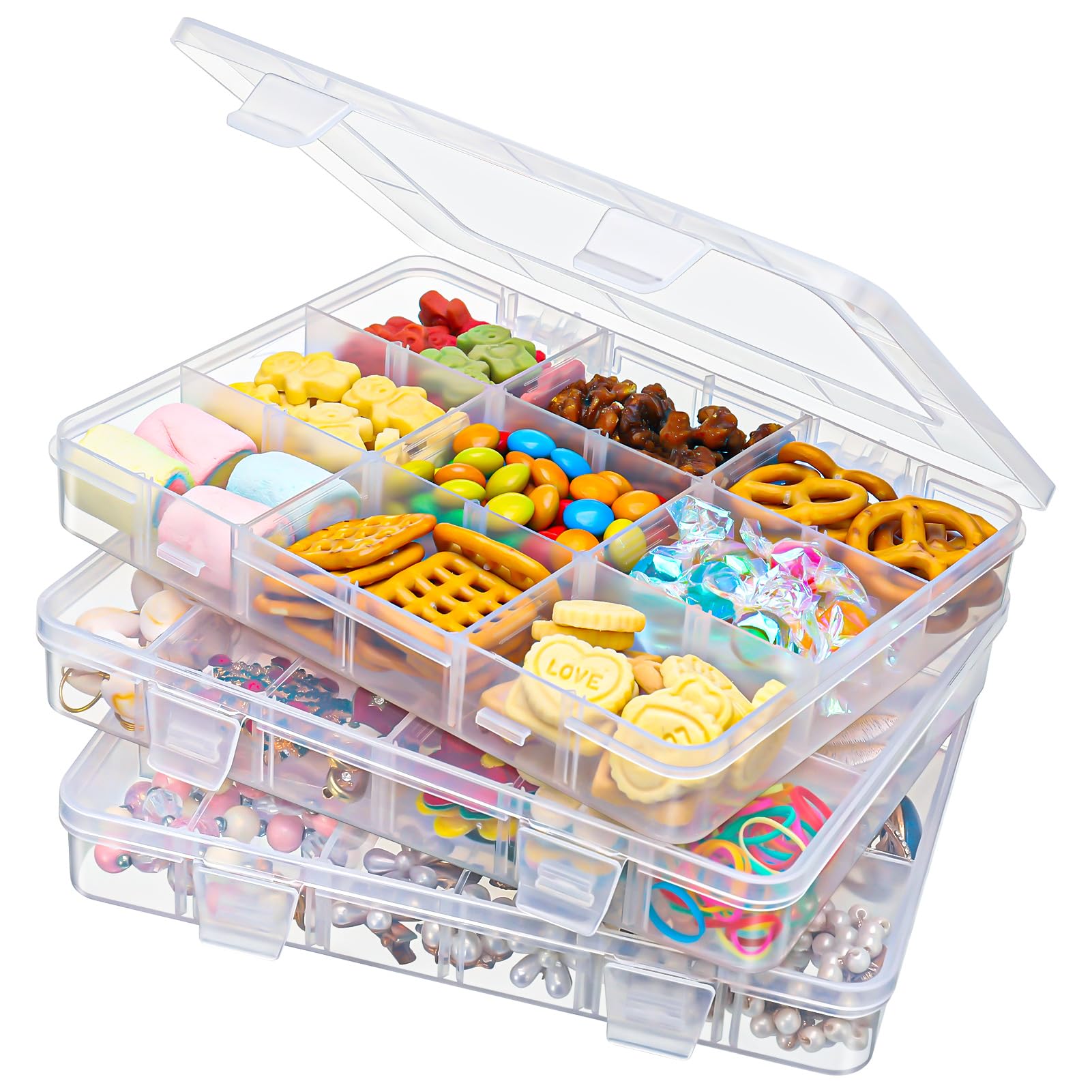 Meng Jiaran 3 PCS Snack Boxes with Compartments for Kids,Small Snack Box with 15 Removable Compartments,Plastic Organizer Container with Adjustable Dividers for Snack Bead Screw Nut (20×16×3CM)
