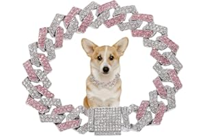 HIMYBB Pink Dog Necklace,Rhinestone Dog Chain Necklace Bling Diamond Cuban Link Dog chainCollars Glitter Puppy Necklace for Dogs xs Small Medium Large Pet 8in
