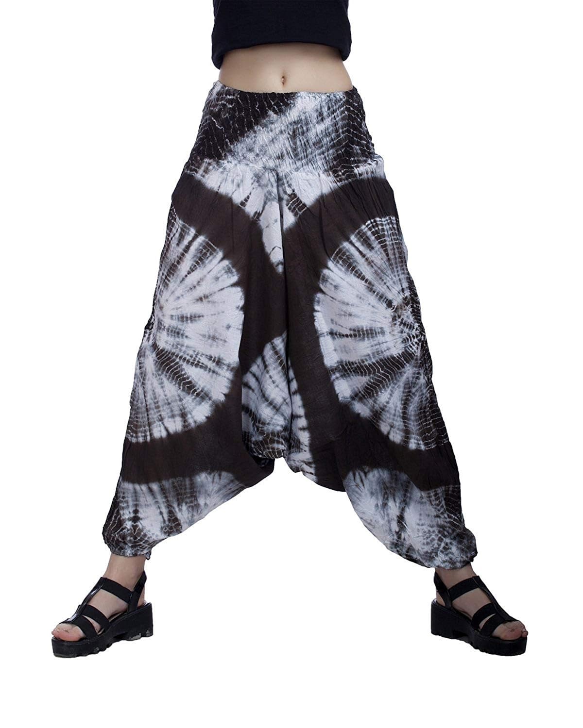new krishna fashions women's cotton tie dye printed alibaba afghani stretchable low crotch trouser convertible jumpsuit (pnt_17, multicolour, free size)