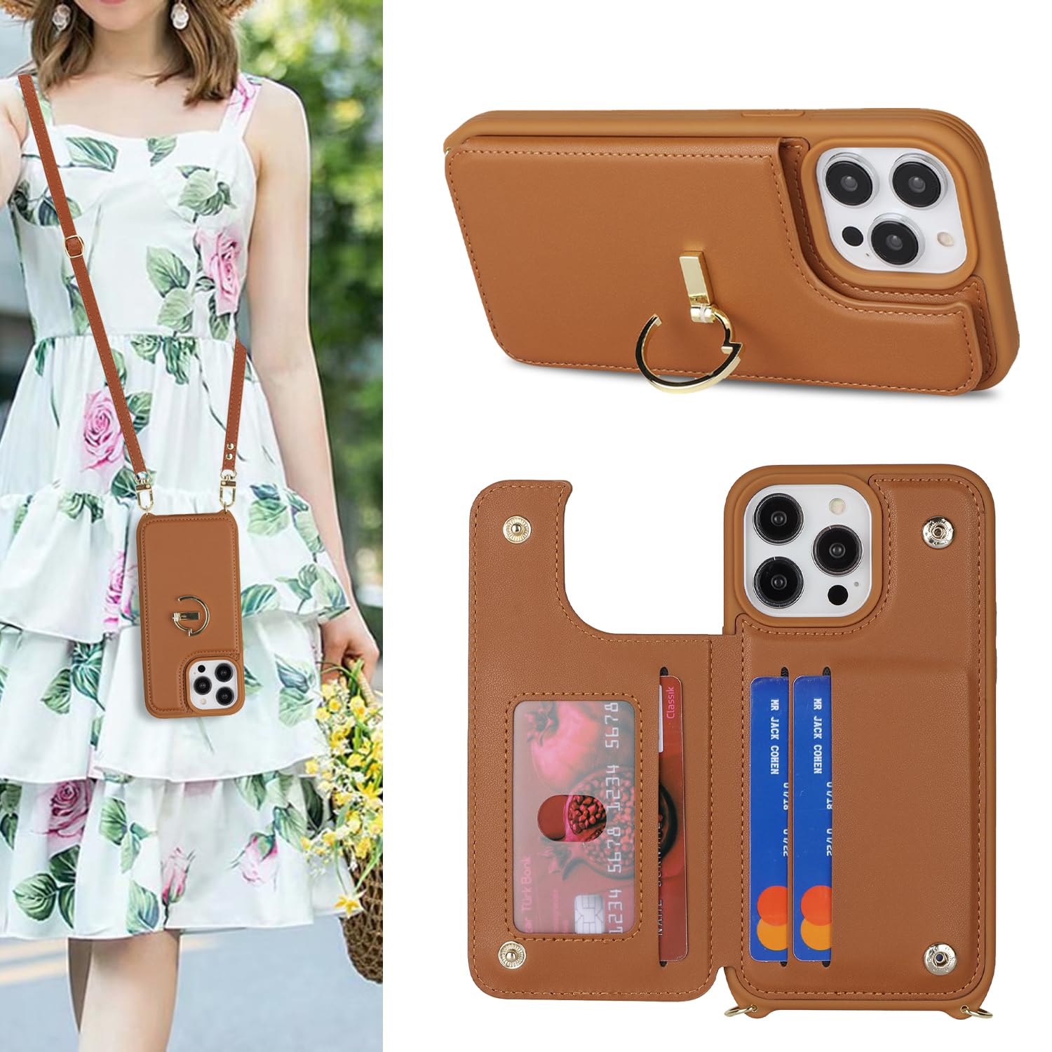 SailorTech iPhone 14 Pro Case with Credit Card Holder, Leather Case Ring Stand with Kickstand Strap Card Slots Wallet Crossbody - Brown