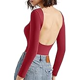 SUUKSESS Women Backless Y2k Long Sleeve Bodysuit Double Lined Open Back Sexy Basic Top