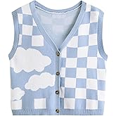 Verdusa Women's Checkered Cardigan Plaid Knit Sweater Vest Button Up V Neck Sleeveless Tops