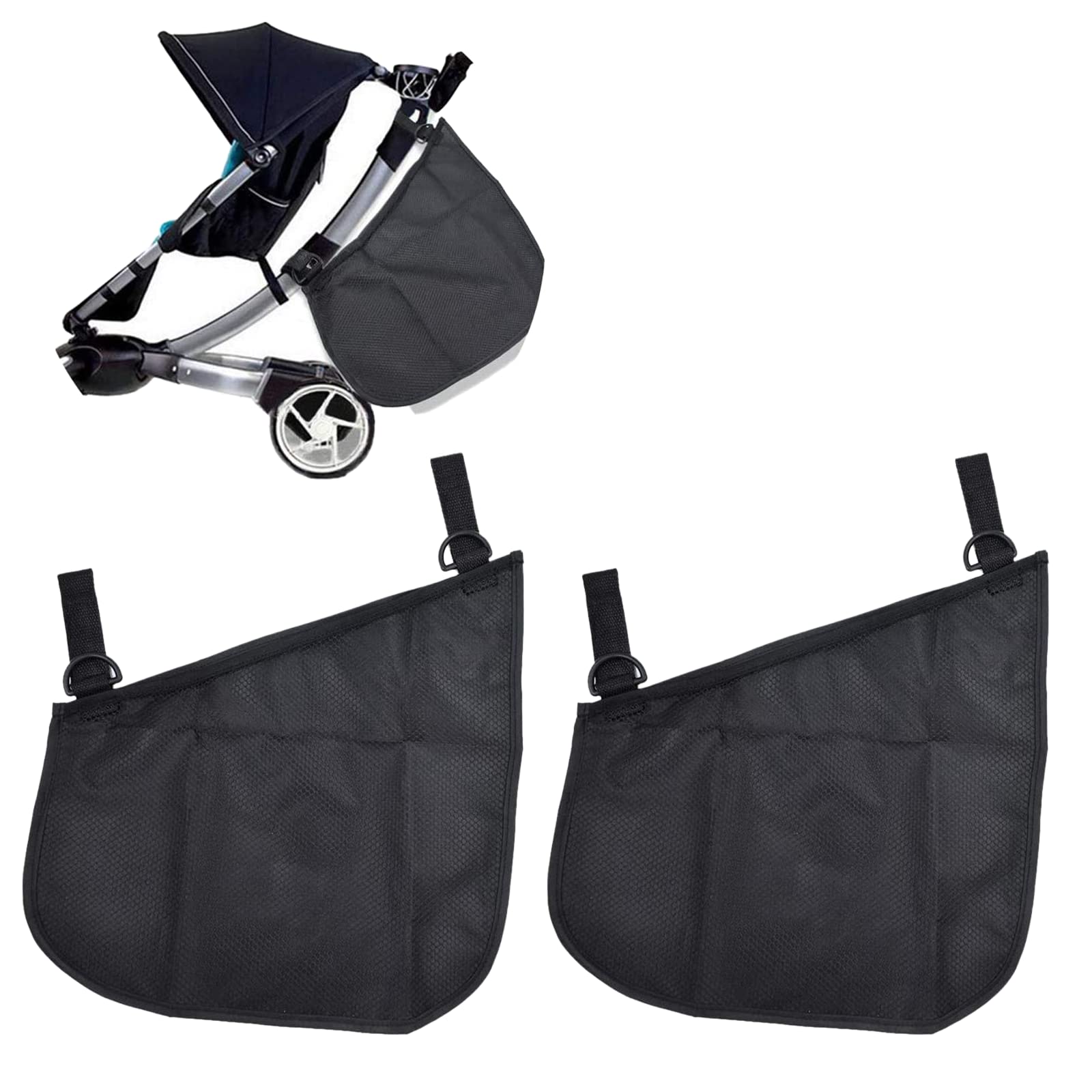 2 PCS Universal Side Sling Stroller Organiser Baby Pram Buggy Storage Bag Pushchair Organiser Bag with Non-Slip and Adjustable Straps, Stroller Net Bag (Black)