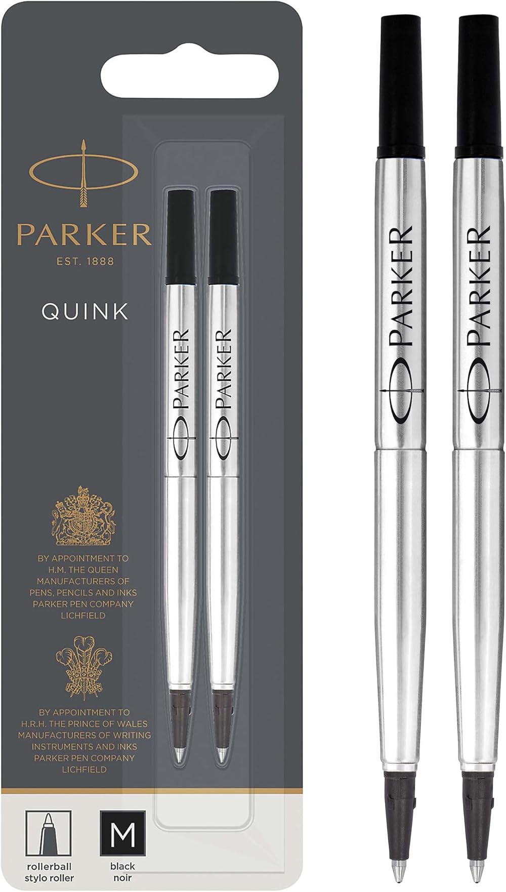 Parker Rollerball Pen Refills Medium Point Black QUINK Ink 2 Count