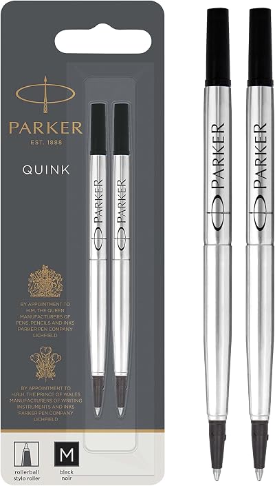 Parker Rollerball Pen Refills Medium Point Black QUINK Ink 2 Count