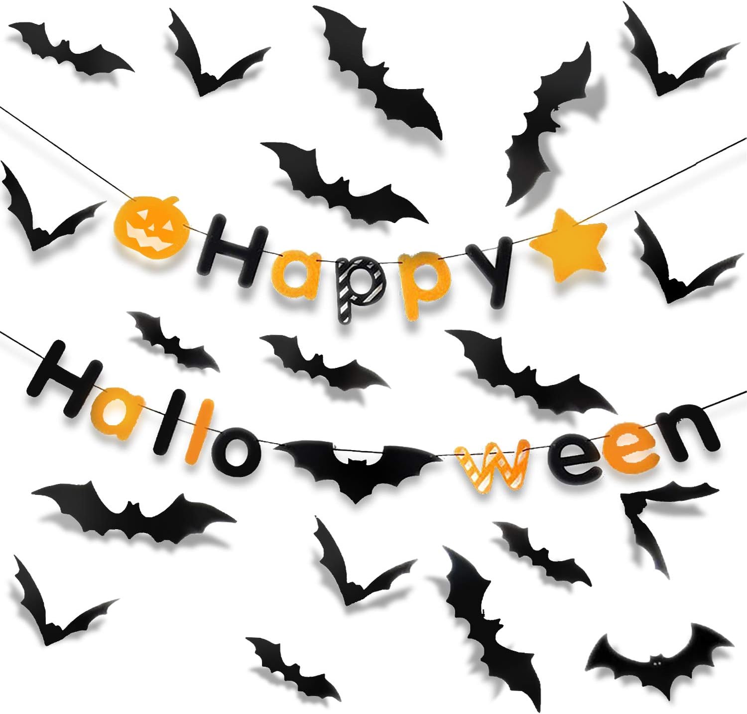 PTG Halloween Indoor Party Supplies,Happy Halloween Banner（1Pcs）& 3D Decoration Scary Bats Wall Decal Wall Sticker(60Pcs): Kitchen & Dining