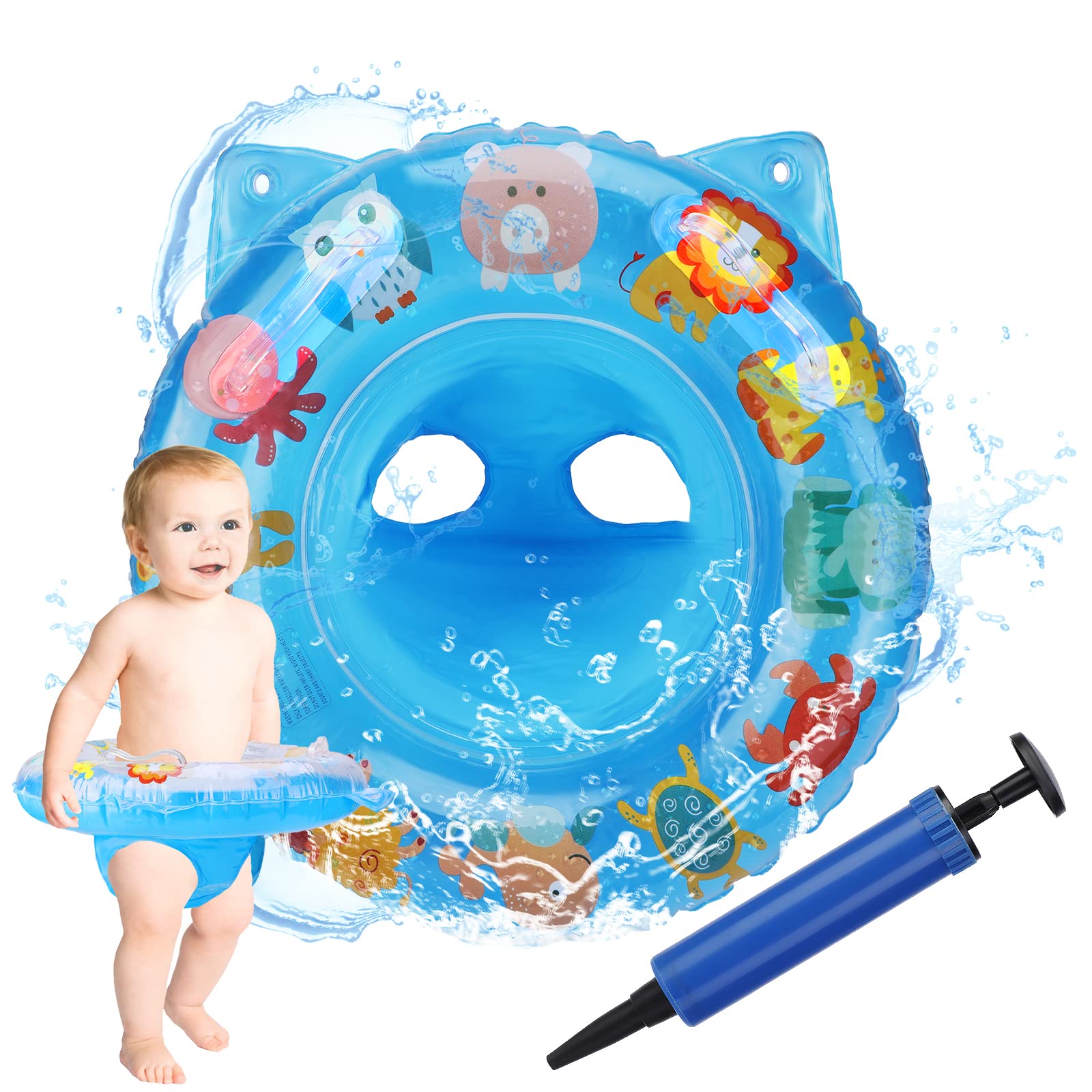 Pwsap Baby Swimming Ring, Cartoon Inflatable Baby Swimming Float PVC Safety Aid Float Seat Circle Swim Float Boat with Inflator and Seat for Age 3+ Years Toddler Floating Training, Blue