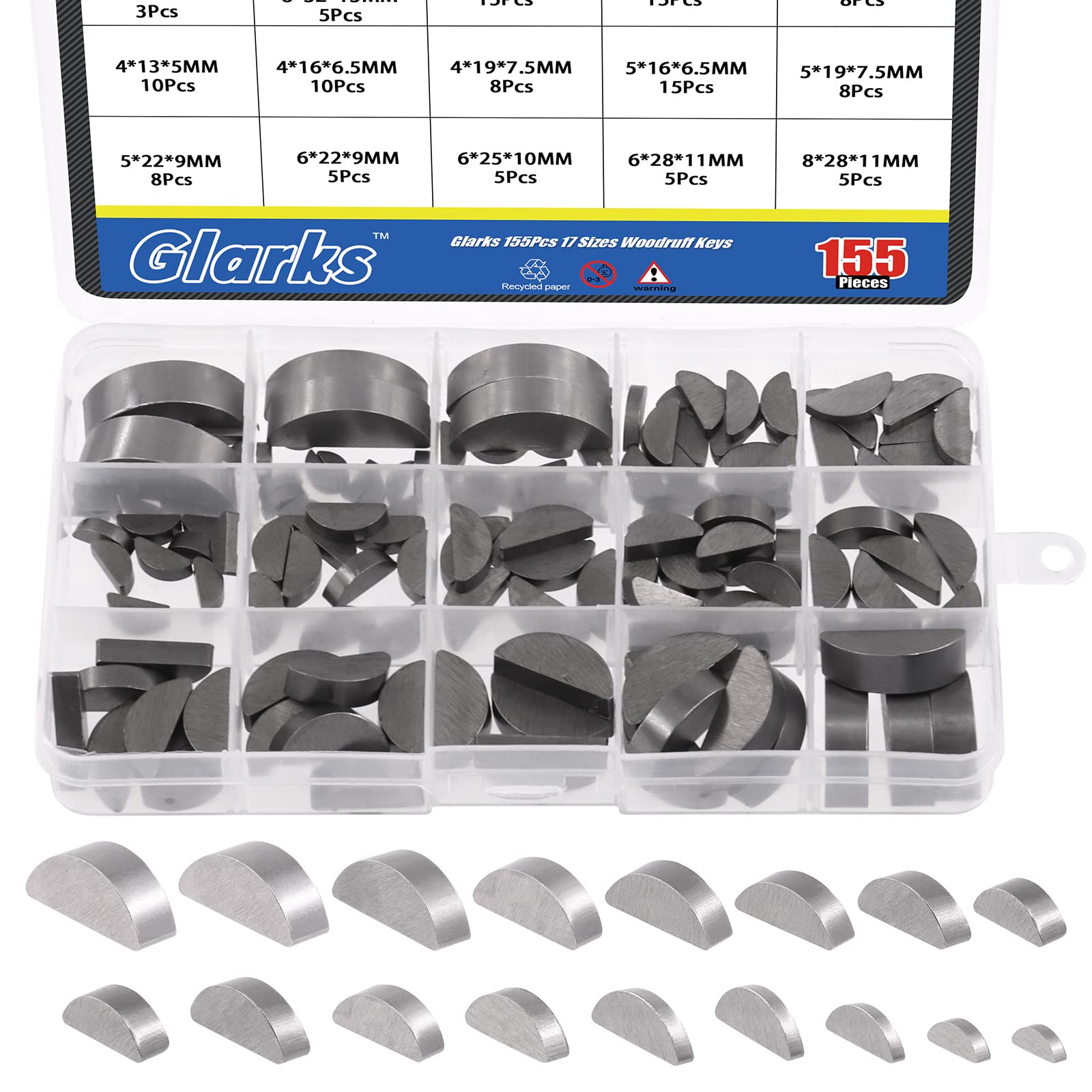 Glarks 155Pcs 17 Size Woodruff Key Assortment Kit - Carbon Steel Semi-Circular Keys Metric Set for Fasteners Mechanical Industry
