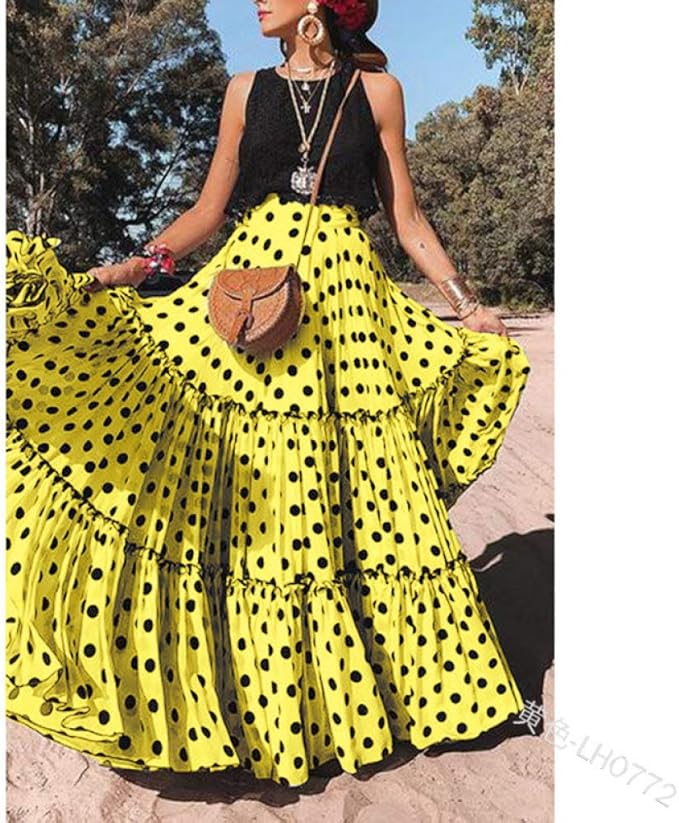 Rock Fur Frauen Vintage Maxirock Zigeunerkleid Lotusblatt Schwarze Punkte Gelbe Taille Elegantes Kleid Fur Sommer Madchen