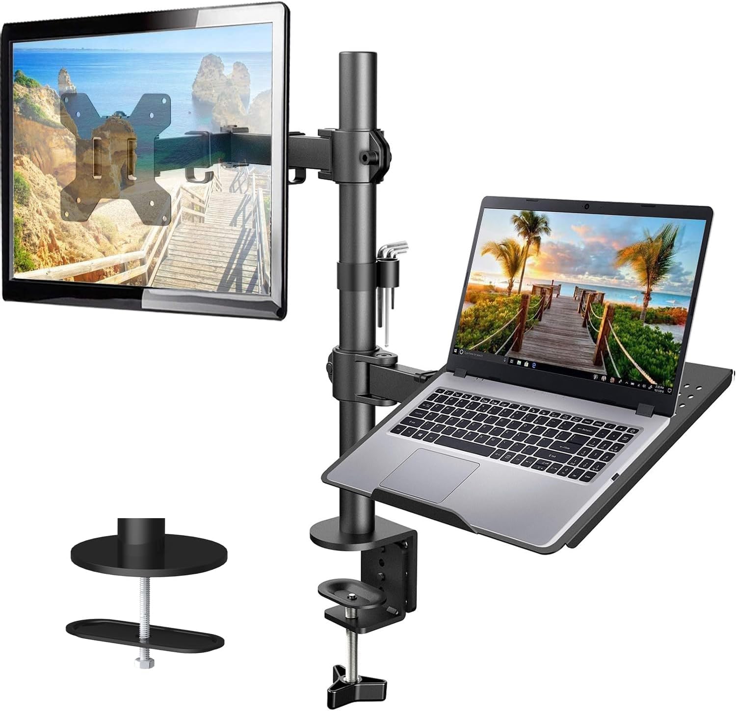 Photo 1 of HUANUO Adjustable Monitor Stand, Single Arm Desk Mount for 32 inch Screen and 17 inch Laptop, Heavy Duty Ergonomic Bracket Holds 22lbs