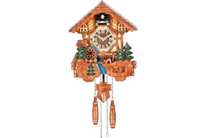 Kintrot Cuckoo Clock for Wall, Handcrafted Wooden Tratditonal Black Forest Chalet Clock with Cute Singing Bird, Rotatable Waterwheel,Squirrel,Deers and 12 Melodies