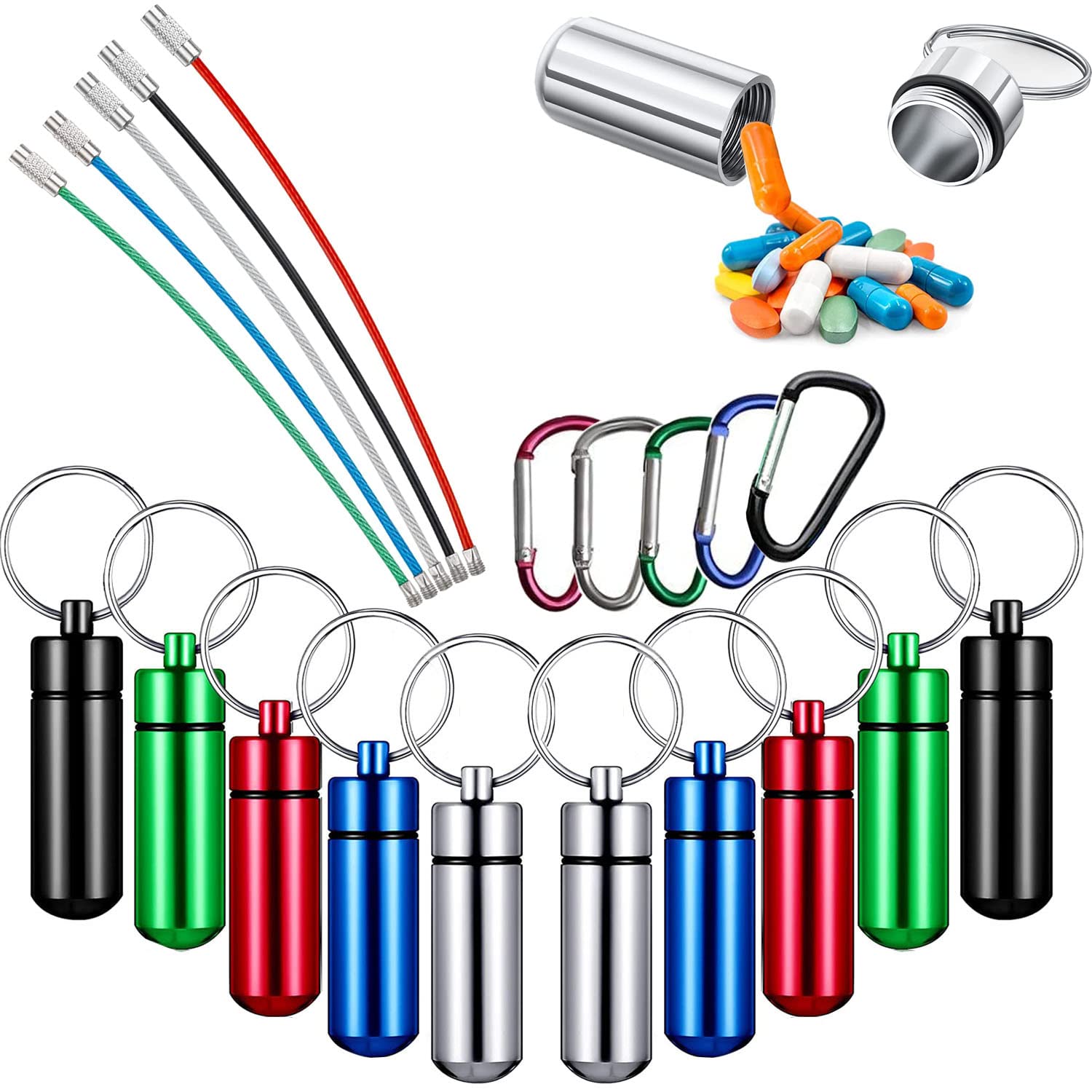 RUNCCI-YUN 10 Pack Keychain Pill Box，Mini Aluminum Pill Box Waterproof Organizer Case Portable Container Keychain+Wire Keyring+Tiny Spoon+D-Shaped Key Chain for Outdoor Travel Camping (5 Colours)