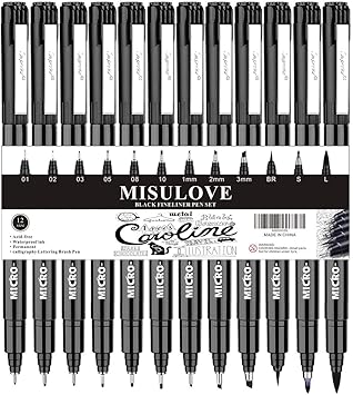 Hand Lettering Pens Calligraphy Brush Pen Fineliner Drawing Pens 12 Size Black Ink Micro Markers Set For Artist Sketch Technical Beginners