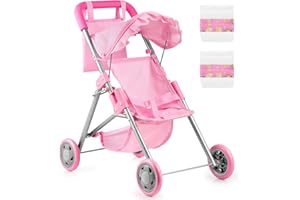 GAGAKU Baby Doll Stroller for Toddlers, Foldable Toy Stroller with Storage Basket and Bag, Diapers - Reborn Doll Accessories for Girls & Kids Ages 3+, Pink