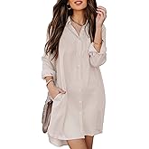 Aoudery Womens Button Down Shirt Dresses with Pockets Striped Cotton Shirts Collared Long Sleeve High Low Blouse Tops
