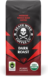 Death Wish Coffee Organic Dark Roast Whole Bean Coffee, Fair Trade, 16 oz | Arabica & Robusta Blend, Baker's Chocolate & Cher