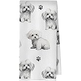 XIVENHAVM Maltese Kitchen Towels, Maltese Gifts Waffle Weave Decorative Dish Towels, Dog Mom Lovers Gifts Decorative Hand Tea Towel for Bathroom Kitchen, Pet Lover Gift, 16x24 Inch