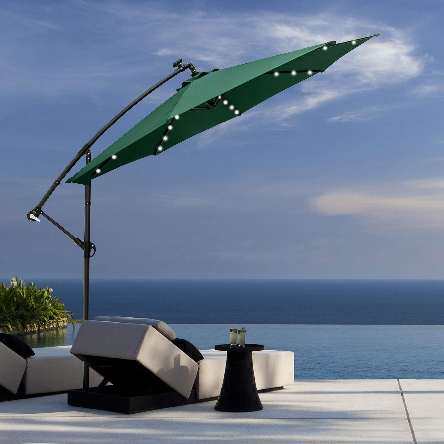 Amazon Com Klismos 10ft Patio Cantilever Umbrella With 32 Solar Led Lights 360 Rotation Outdoor Offset Market Umbrella Hanging Umbrella With Crank Cross Base Not Included Water Filled Stand Green Garden Outdoor