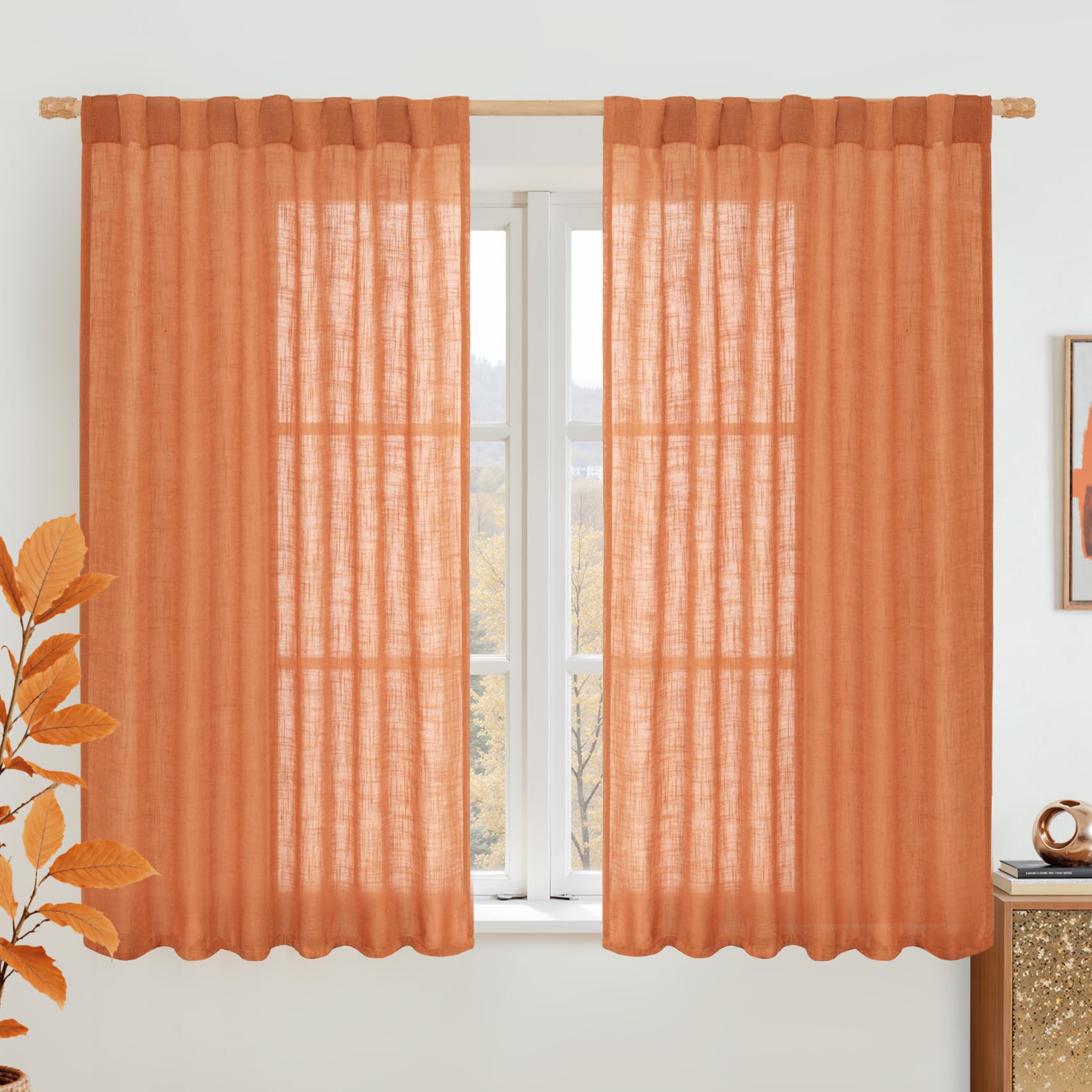 Photo 1 of LAMIT Semi Sheer Linen Curtains 45 Inches Long, Light Filtering Panels Back Tab and Rod Pocket Country Decor Drapes for Farmhouse/Window/Bedroom, Burnt Orange, 2 Panels, 52 x 45 Inch