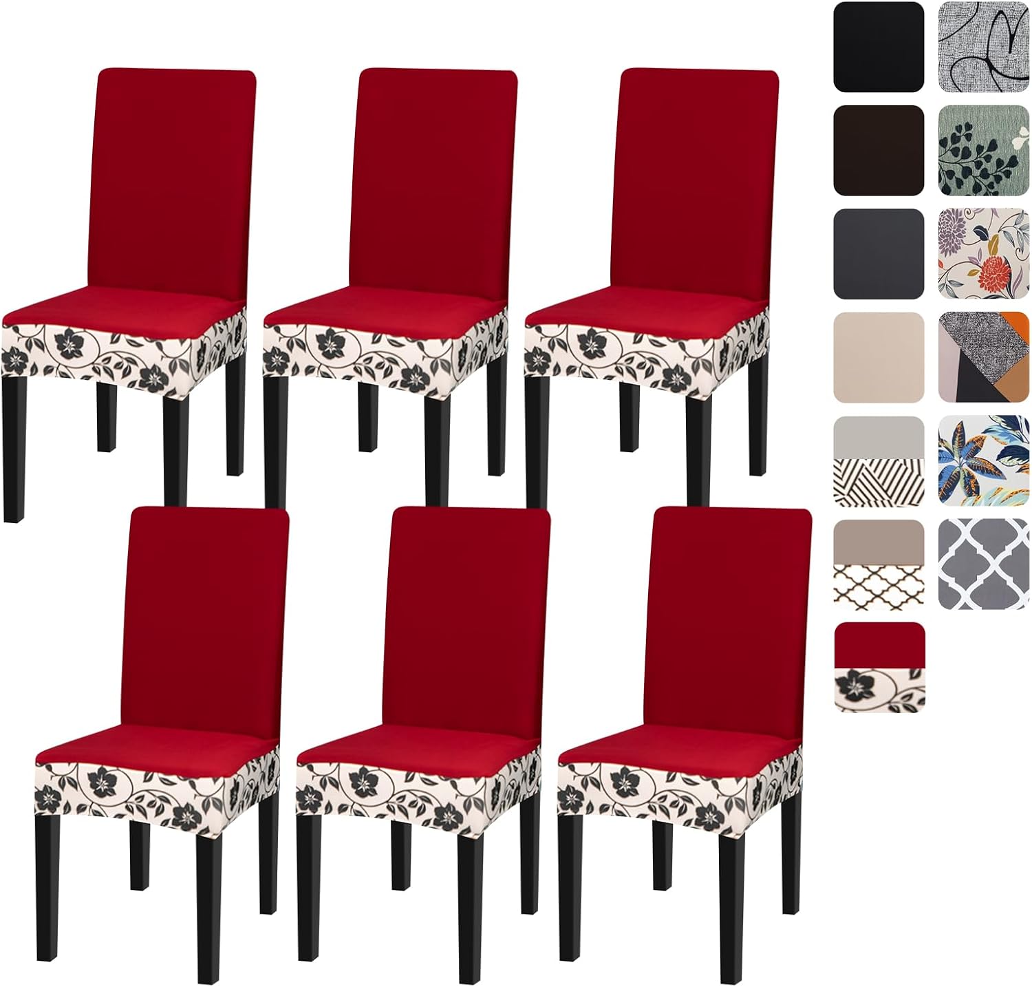 Slipcovers - Miaotto Chair Covers for Dining Room Stretch Dining Chair Covers Set of 6 Parsons Chair Slipcover Removable Washable Kitchen Chair Slipcovers for Dining Room Party Banquet,Wine Red Splice