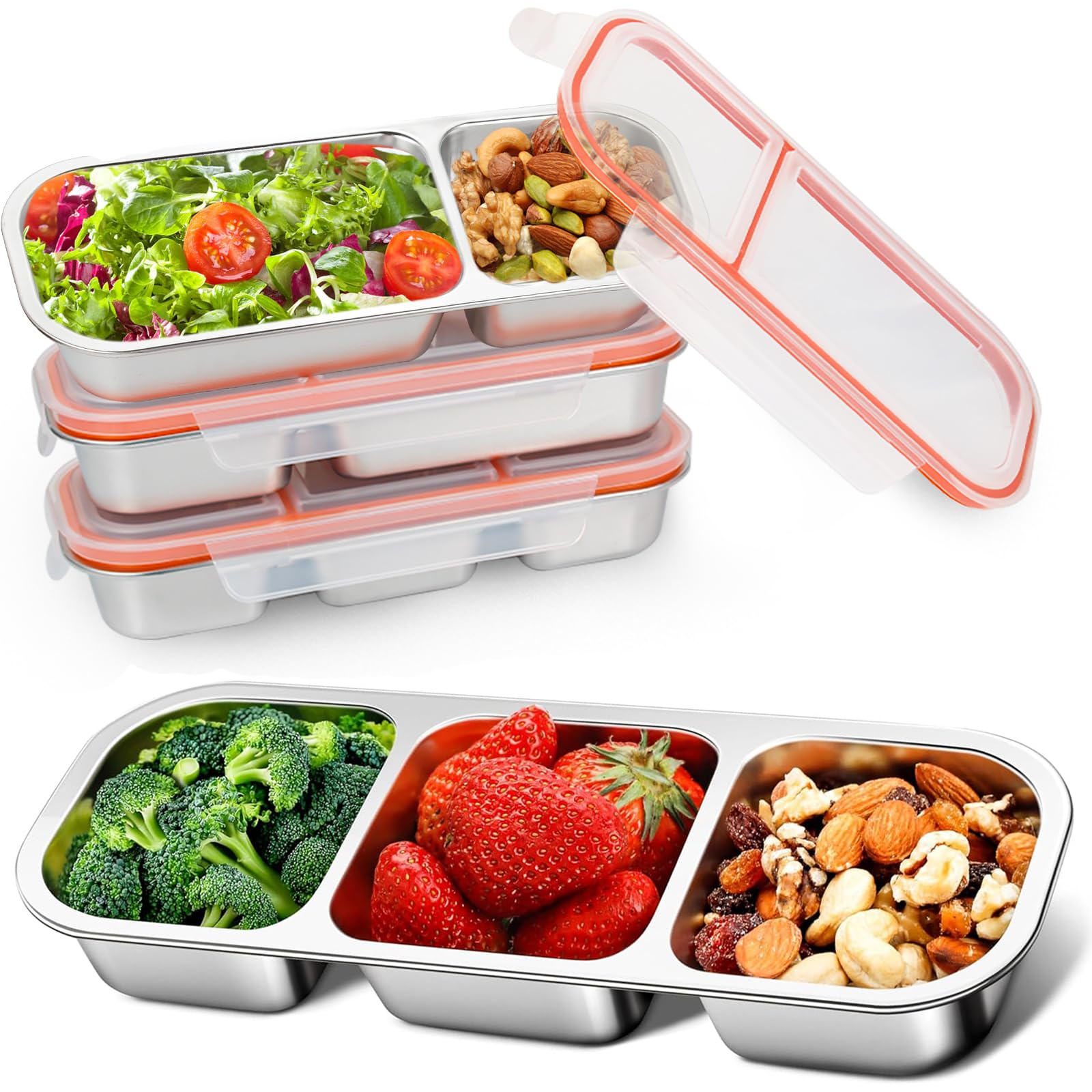 Photo 1 of 4Pack Stainless Steel Snack Containers Reusable 3 Compartment Snack Containers with Lids, Leak Proof Metal Lunch Box, Stackable bento Box for Home,Travel
