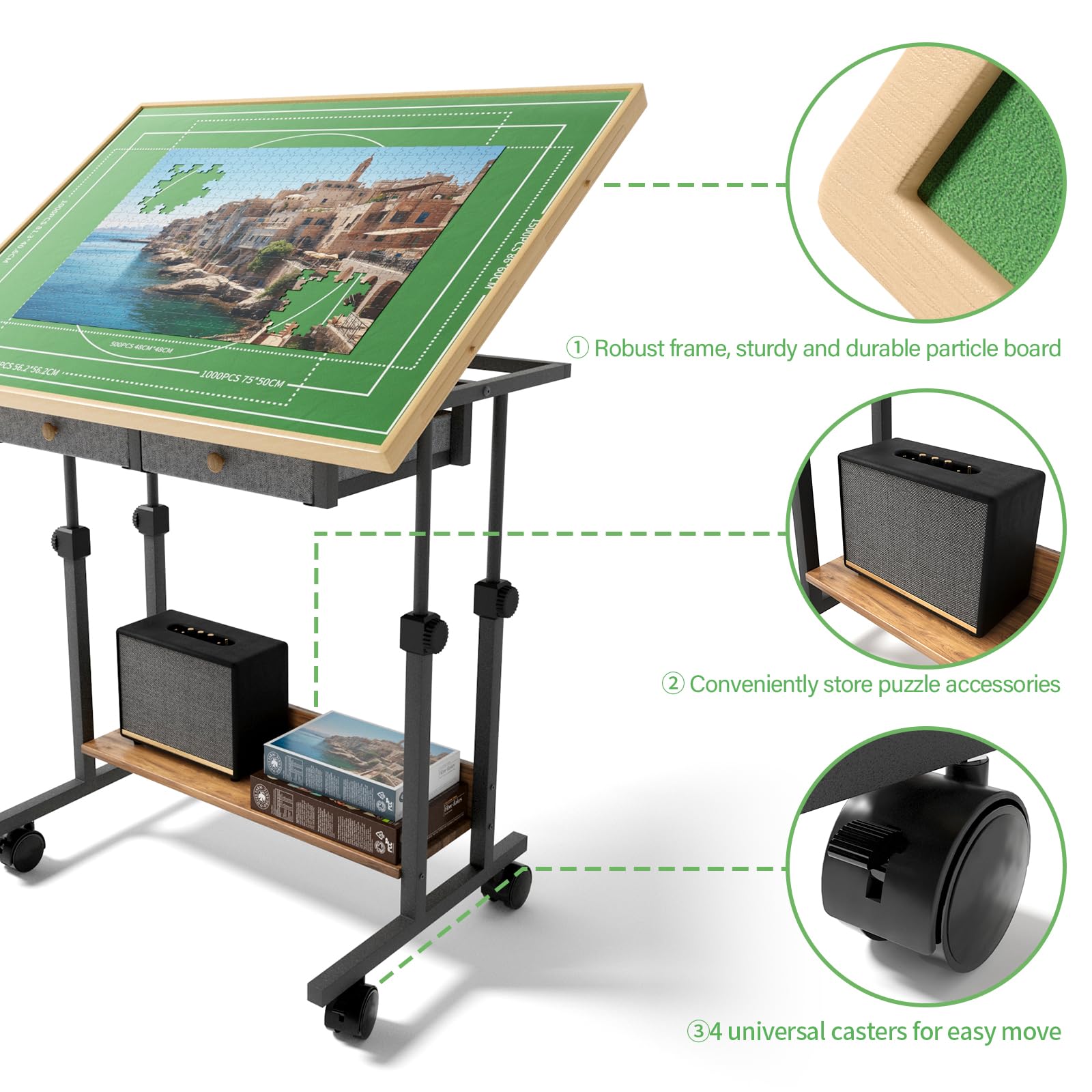 CODACE 1500 Piece Jigsaw Puzzle Table with Legs, Adjustable 5-Tilting-Angle Puzzle Board with 6 Drawers & Cover, 35