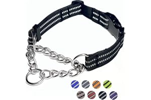 PUROAYET Martingale Dog Collars, Reflective Nylon Collar with Stainless Steel Chain, Adjustable Walking Training Dog Collars with Quick Release Buckle, Suitable for Small Medium Large Dogs(Black,XL)
