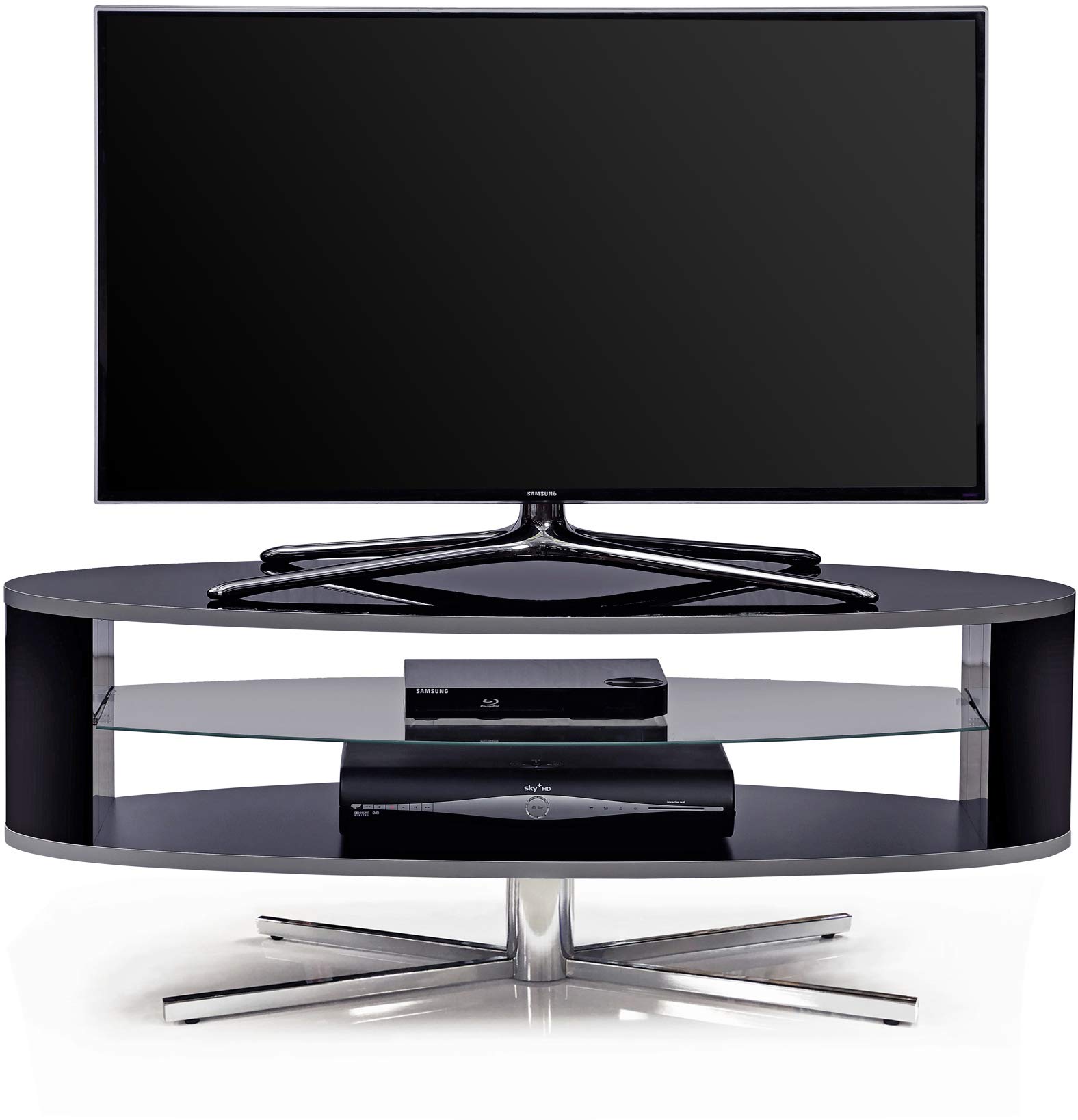 MDA Designs Orbit 1100BB Gloss Black TV Stand with Gloss Black Curved Sides for Flat Screen TVs up to 55"