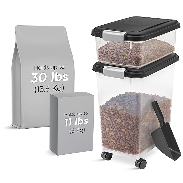 IRIS USA DOG FOOD STORAGE CONTAINER, 30 LBS & 11 LBS COMBO, CAT FOOD STORAGE CONTAINER, DOG TREAT CONTAINER, AIRTIGHT, STACKABLE, 2-CUP SCOOP, WHEELS, EASY MOBILITY, BLACK