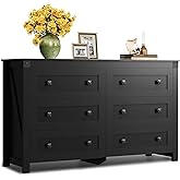 WLIVE Farmhouse Black Dresser for Bedroom, 53.07'' Wide 6 Drawer Wood Dresser, Chest of Drawers with Double Rustic Handle, TV Stand for 60 inch TV, Modern Clothes Organizer for Living Room, Hallway