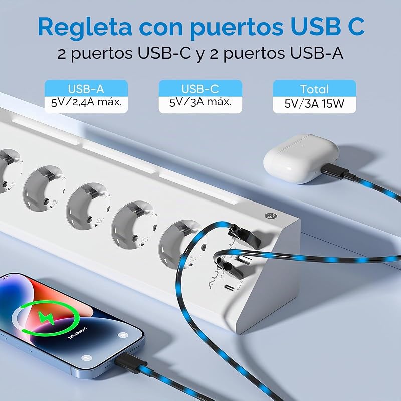 Regletas Enchufes con USB Multiple con 5 Toma de Corriente y 4 USB Puertos — foto 5 de 8