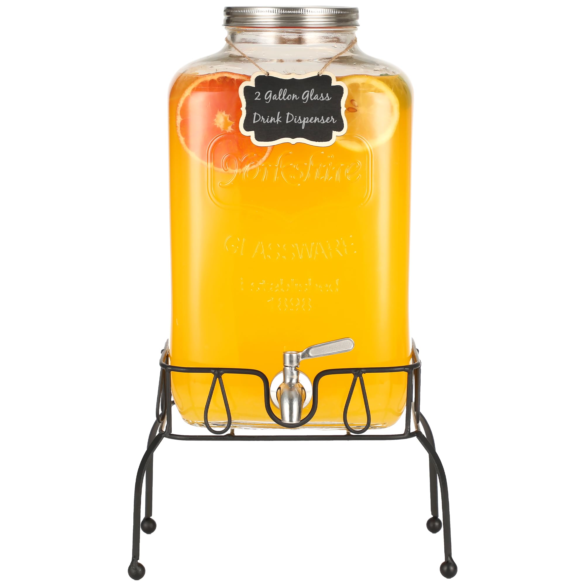 Photo 1 of 2 Gallon Glass Drink Dispenser with Stand and Stainless Steel Spigot, Mason Jar Drink Dispensers with Lids, Large Glass Water Beverage Dispenser for Lemonade, Iced Tea, Juice, Punch, Parties