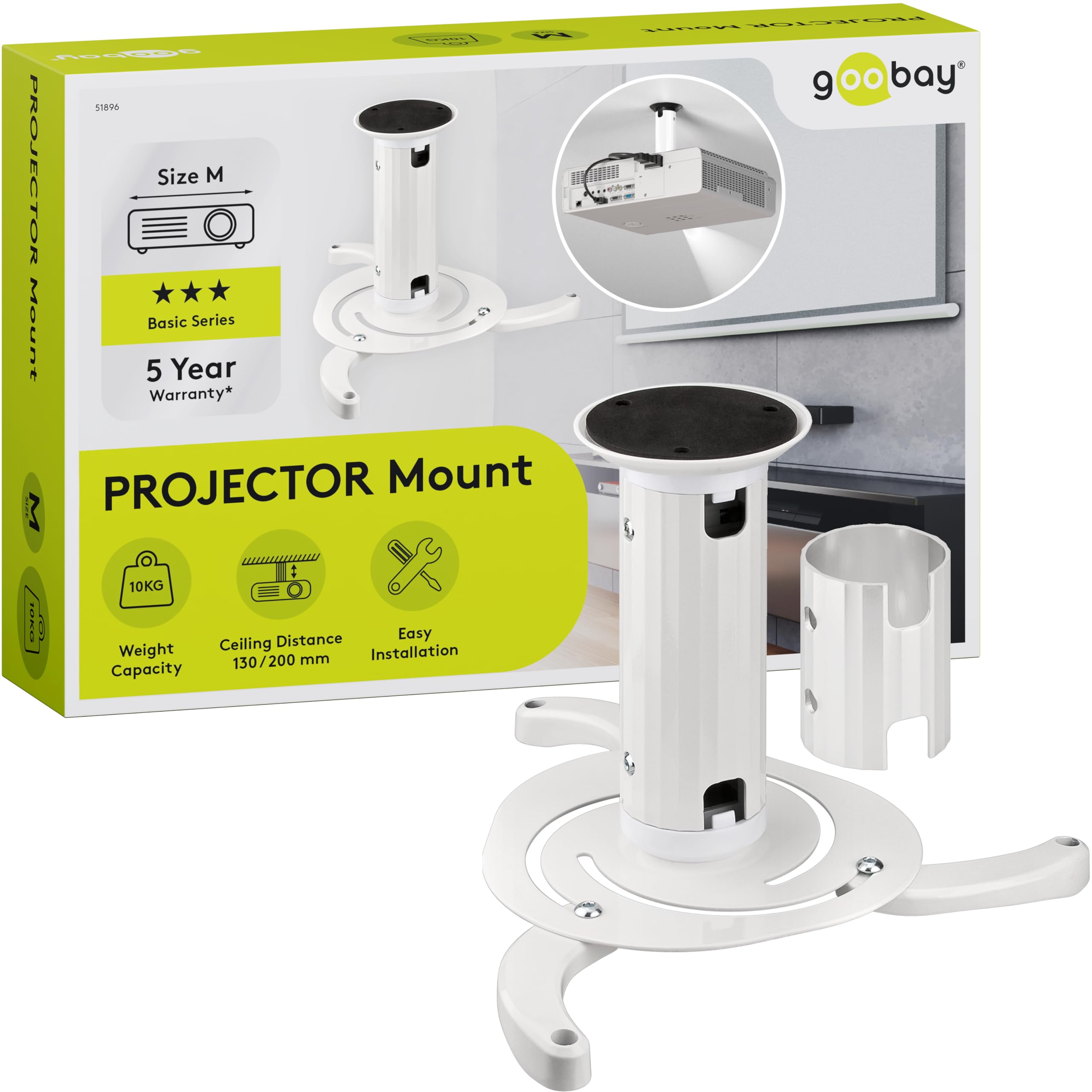 Goobay BeamerFlex White, Plastic, Ceiling Mount Bracket, 1.1 kg, 10 kg Weight Capacity, Revolving, Adjustable, Rotatable, For Home Theaters and Office/Conference Rooms