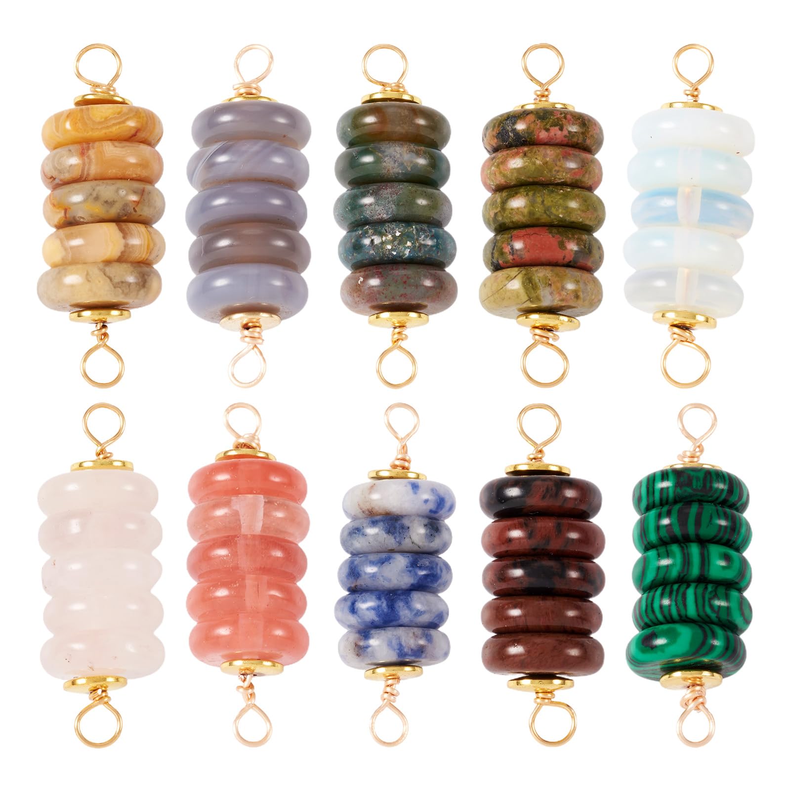 Crafans 10Pcs Gemstone Column Links Disc Gemstone Connector Charms Copper Wire Wrapped Natural Grey Agate Hematite Connector Charms Links for DIY Necklace Jewelry Making