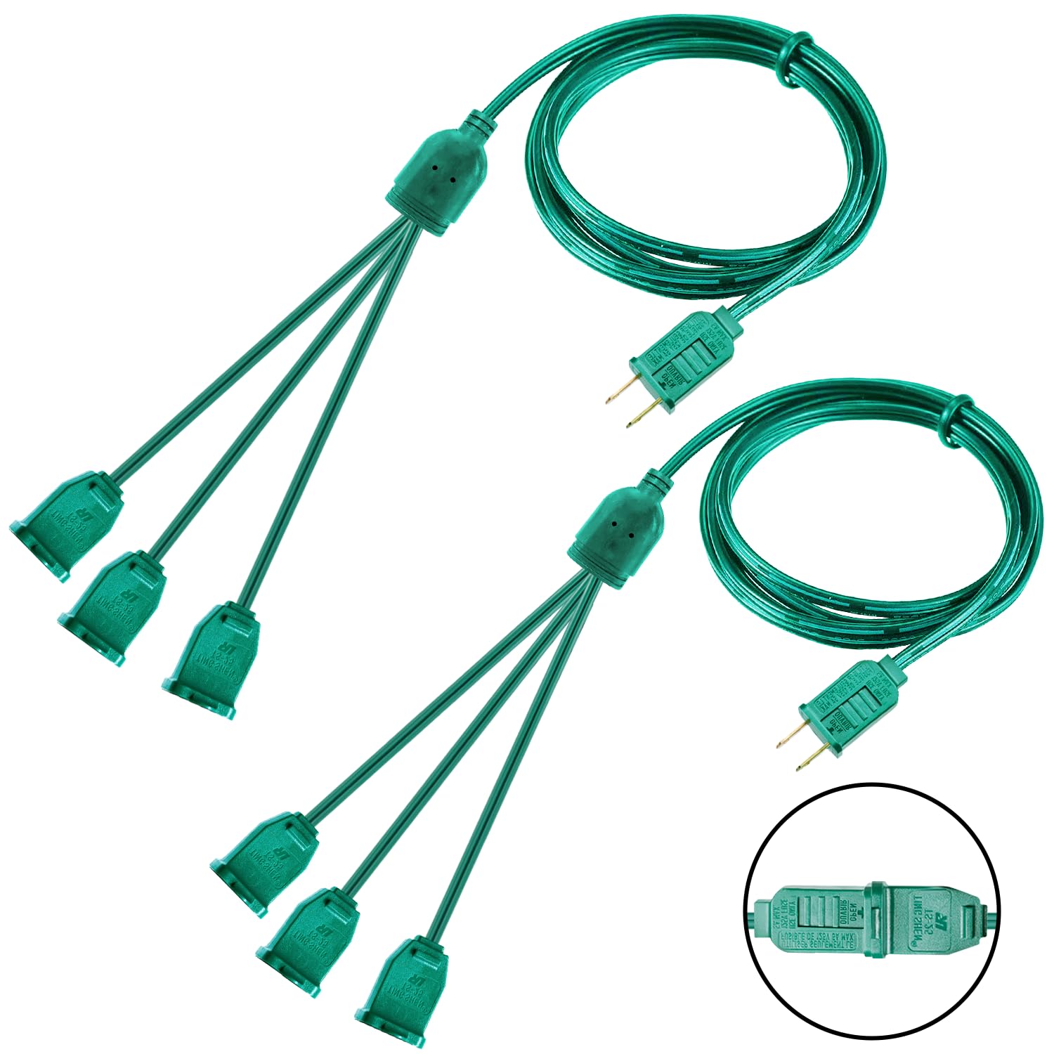 Photo 1 of 2 Pack 6FT 2 Prong 1 to 3 Way Extension Cord Splitter, Indoor Outdoor Green Power Cable Male/Female Outlet 18AWG 8A/120V/960W for Halloween Christmas Decorations Lights, Computer, TV, Speakers