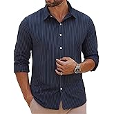 BAYAMO Men's Casual Button-Down Striped Shirts Long Sleeve Cotton Linen Shirts for Men Fashion Business Shirt