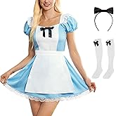 ALIREVERIE Women’s Halloween Costume Blue White Puff Sleeve Princess Dress with Headband and Stockings