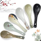 6 Pieces Japanese Retro Ceramics Soup Spoons Asian Soup Spoons Japanese Style Rice Spoon Flatware Chinese Serving Spoons Appetizers Tableware Meal Partner for Salad Ramen Noodles Wonton