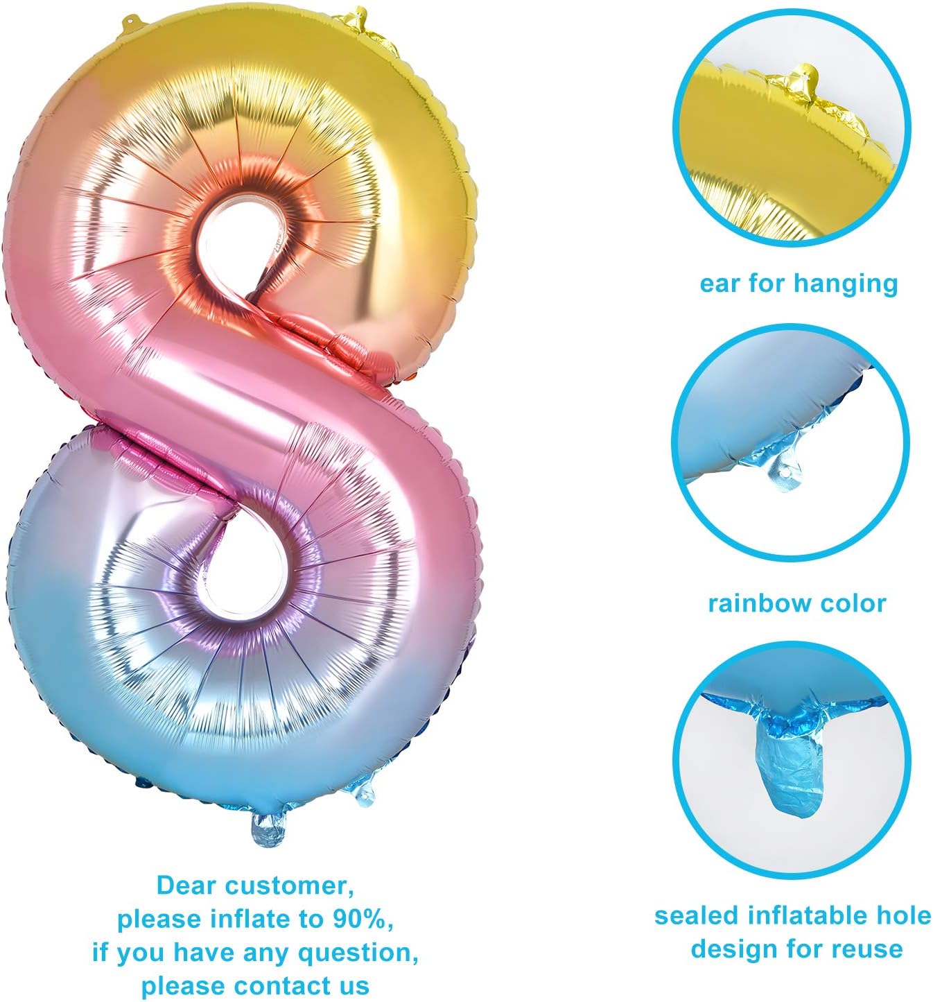 40 inch Rainbow Gradient Colorful Number 8 Balloons Foil Helium Balloons for Party Wedding Bachelorette Birthday Bridal Graduation Celebration Decorations Large Digital Balloons ( Rainbow Number 8 ): Toys & Games