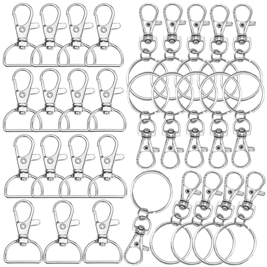 RuiChy 30 Pcs Metal Swivel Clasps Lanyard Snap Hook and Lobster Claw Clasp with Key Ring, Silver Trigger Keychain for DIY Craft Hardware Sewing Projects Jewelry Making Accessories